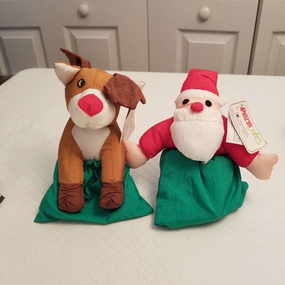 Santa and Reindeer Plush Set with Green Bags